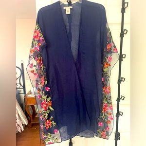 Deep blue over-shawl with floral embroidery panels. Size: one size